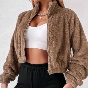 Brown Crop Zip Sweater S
